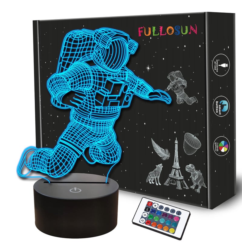 FULLOSUN Spaceman 3D Night Light, Astronaut Rocket Optical Illusion Lamp Birthday Gift Idea for Outer Space Fan Xmas, Living Room Decor Night Light with 7 Colors Changing - Image 1